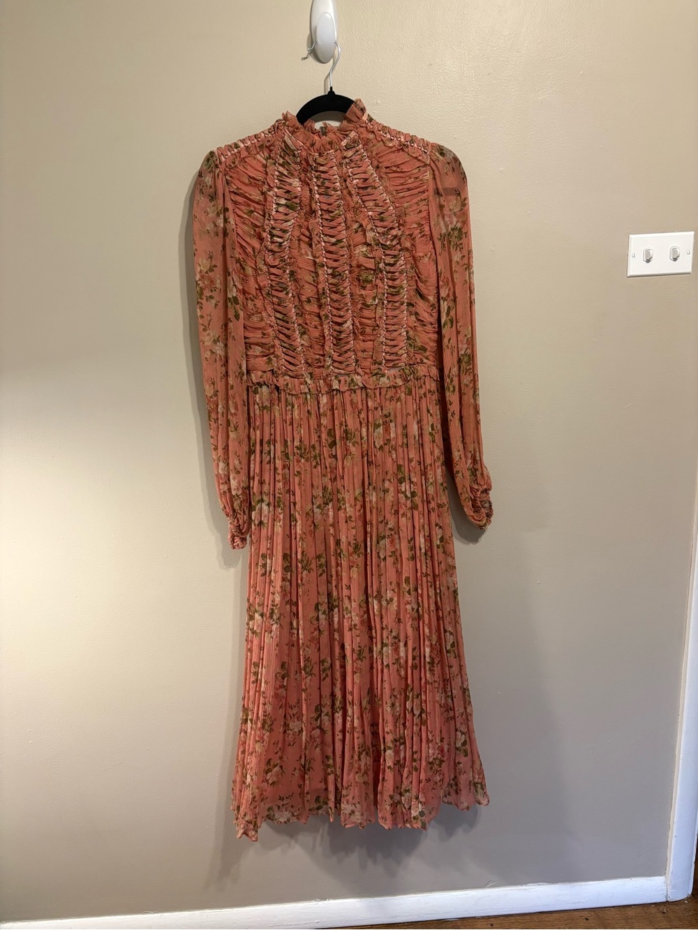 Zimmermann Pink Long-Sleeve Floral Pleated Midi Dress AU 0/US 2/4